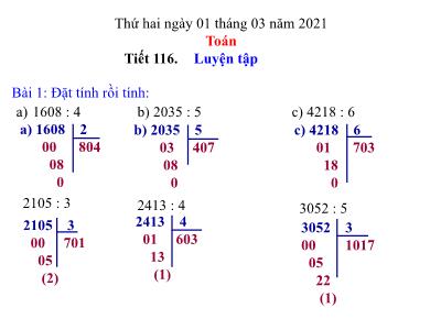 Bài giảng môn Toán 3 - Tiết 116: Luyện tập