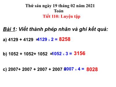 Bài giảng môn Toán khối 3 - Tiết 110: Luyện tập