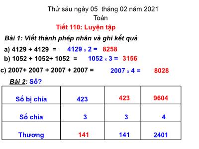 Bài giảng môn Toán lớp 3 - Tiết 110: Luyện tập