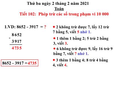 Bài giảng Toán 3 - Tiết 102: Phép trừ các số trong phạm vi 10 000