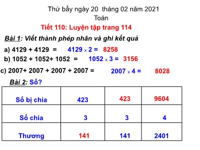 Bài giảng Toán 3 - Tiết 110: Luyện tập trang 114