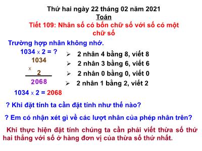 Bài giảng Toán học 3 - Tiết 109: Nhân số có bốn chữ số với số có một chữ số