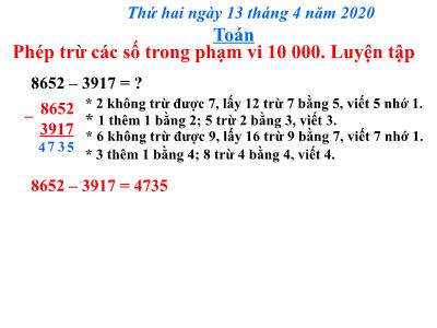 Bài giảng Toán lớp 3 - Phép trừ các số trong phạm vi 10 000 + Luyện tập