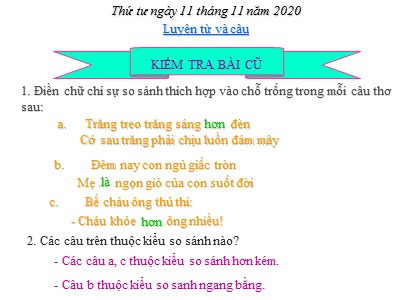 Bài giảng khối 3 môn học Luyện từ và câu - So sánh. Dấu chấm