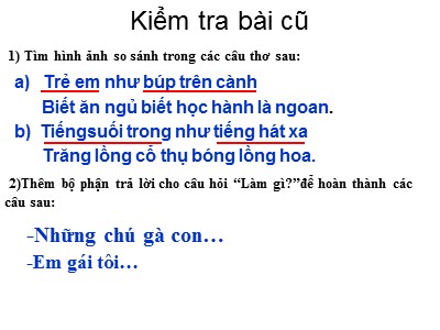 Bài giảng môn Luyện từ và câu khối 3 - Mở rộng vốn từ: Quê hương. Ôn tập câu Ai làm gì?