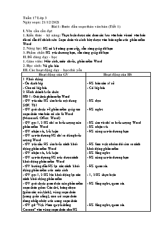 Giáo án Tin học Lớp 3 - Chủ đề 3: Soạn thảo văn bản - Bài 1: Bước đầu soạn thảo văn bản (Tiết 1) - Năm học 2021-2022