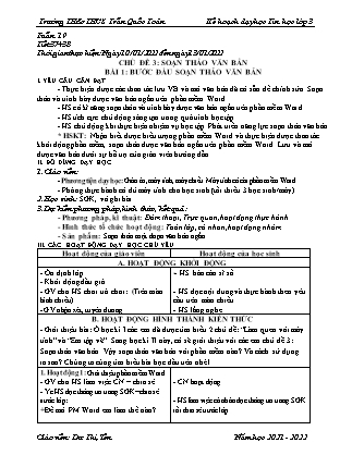 Giáo án Tin học Lớp 3 - Chủ đề 3: Soạn thảo văn bản - Bài 1: Bước đầu soạn thảo văn bản - Năm học 2021-2022 - Dư Thị Yến