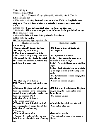 Giáo án Tin học Lớp 3 - Chủ đề 4: Thiết kế bài trình chiếu - Bài 2: Thay đổi bố cục, phông chữ, kiểu chữ, căn lề - Năm học 2021-2022