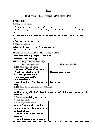 Giáo án Toán Lớp 3 - Tuần 22: Hình tròn, tâm, đường kính, bán kính