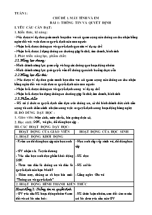 Giáo án Tin học Lớp 3 Sách Kết nối tri thức - Tuần 1, Chủ đề 1: Máy tính và em - Bài 1: Thông tin và quyết định - Năm học 2022-2023 - Trường Tiểu học Đặng Lễ