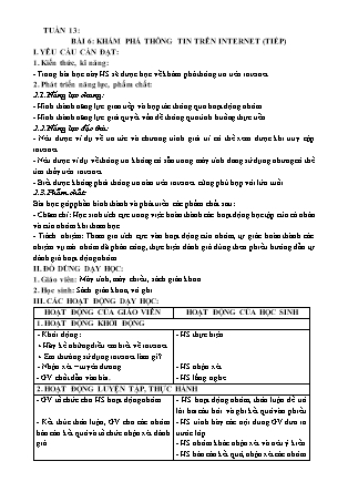 Giáo án Tin học Lớp 3 Sách Kết nối tri thức - Tuần 13, Chủ đề 2: Mạng máy tính và internet - Bài 6: Khám phá thông tin trên internet (Tiếp) - Năm học 2022-2023 - Trường Tiểu học Đặng Lễ