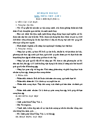 Kế hoạch bài dạy Tiếng Việt Lớp 3 Sách Chân trời sáng tạo - Học kỳ I - Tuần 15, Bài 3: Đôi bạn (tiết 1)