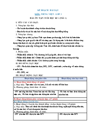 Kế hoạch bài dạy Tiếng Việt Lớp 3 Sách Chân trời sáng tạo - Học kỳ I - Tuần 18, Bài: Ôn tập cuối học kì 1