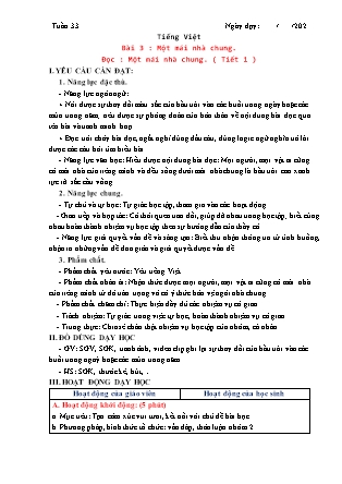 Kế hoạch bài dạy Tiếng Việt Lớp 3 Sách Chân trời sáng tạo - Học kỳ II - Tuần 33, Bài 3: Một mái nhà chung