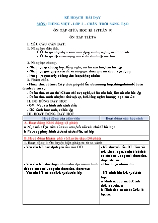 Kế hoạch bài dạy Tiếng Việt Lớp 3 Sách Chân trời sáng tạo - Học kỳ I - Tuần 9, Ôn tập giữa học kì I: Ôn tập tiết 6
