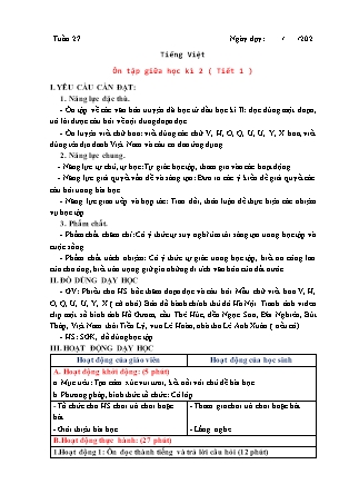 Kế hoạch bài dạy Tiếng Việt Lớp 3 Sách Chân trời sáng tạo - Học kỳ II - Tuần 27, Ôn tập giữa học kì 2 (Tiết 1)