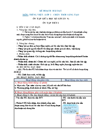 Kế hoạch bài dạy Tiếng Việt Lớp 3 Sách Chân trời sáng tạo - Học kỳ I - Tuần 9, Ôn tập giữa học kì I: Ôn tập tiết 2