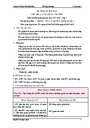 Kế hoạch bài dạy Tin học Lớp 3 - Học kì 1 - Trường Tiểu học Phú Hòa Đông