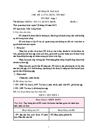 Kế hoạch bài dạy Tin học Lớp 3 Sách Chân trời sáng tạo - Chủ đề A: Ứng dụng tin học - Bài: Thông tin và quyết định - Năm học 2022-2023 - Trần Công Minh