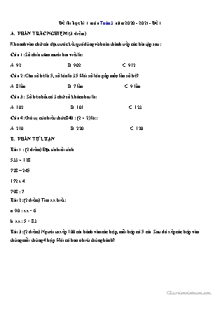 7 Đề thi học kì I môn Toán Lớp 3 (Có đáp án) - Năm học 2020-2021