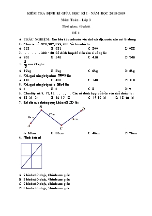 Bộ đề kiểm tra môn Toán học kì I Lớp 3 (Có đáp án) - Năm học 2018-2019