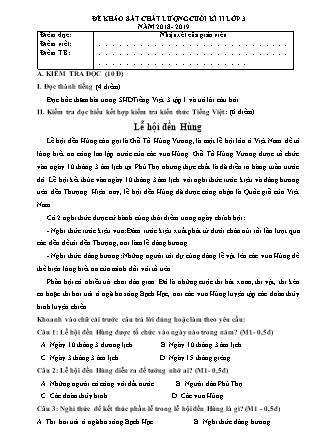 Đề khảo sát chất lượng cuối học kì II môn Tiếng Việt Lớp 3 - Năm học 2018-2019