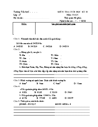 Đề kiểm tra cuối kì II môn Toán Lớp 3 - Đề 3 (Có đáp án) - Năm học 2019-2020