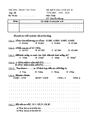 Đề kiểm tra cuối kì II môn Toán Lớp 3 - Đề 5 (Có đáp án) - Năm học 2019-2020 - Trường Tiểu học Lê Văn Tám