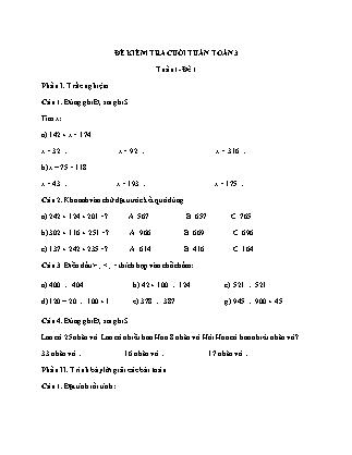 Đề kiểm tra cuối tuần Toán Lớp 3 - Tuần 1 - Đề 1 (Có đáp án)