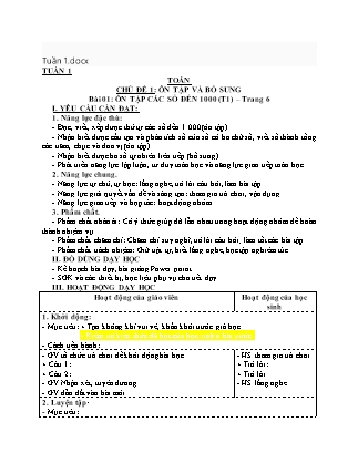 Giáo án môn Toán Lớp 3 sách Kết nối tri thức - Tuần 1 - Bài 1: ôn tập các số đến 1000 (Tiết 1)
