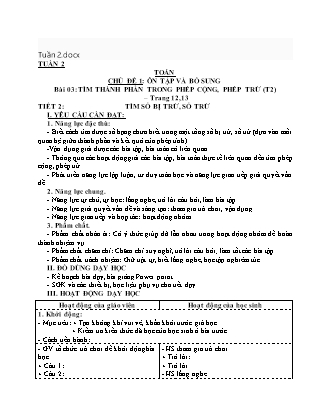 Giáo án môn Toán Lớp 3 sách Kết nối tri thức - Tuần 2 - Bài 3: Tìm thành phần trong phép cộng, phép trừ (Tiết 2)
