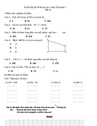 Tuyển tập 50 đề thi học kì 1 môn Toán Lớp 3 (Có đáp án)
