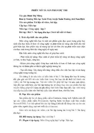 Phiếu mô tả sản phẩm dự thi môn Công nghệ Lớp 3 (kết nối tri thức) - Bài 3: Sử dụng đèn học - Tên sản phẩm: Tài liệu số video, bài tập