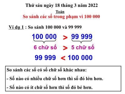 Bài giảng Toán 3 - Bài: So sánh các số trong phạm vi 100 000 - NH 2021-2022 (GV: Đặng Thị Xuân)