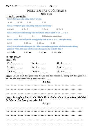 Bài tập ôn tập Toán + Tiếng Việt 3 - Tuần 5