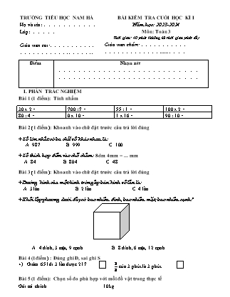 Đề kiểm tra cuối học kì I Lớp 3 - Năm học 2023-2024 - Trường Tiểu học Nam Hà (Có đáp án)