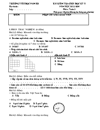 Đề kiểm tra cuối học kì II Khối 3 - Năm học 2023-2024 - Trường Tiểu học Nam Hà (Có đáp án)