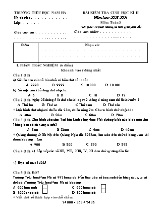 Đề kiểm tra cuối học kì II Lớp 3 - Năm học 2023-2024 - Trường Tiểu học Nam Hà (Có đáp án)