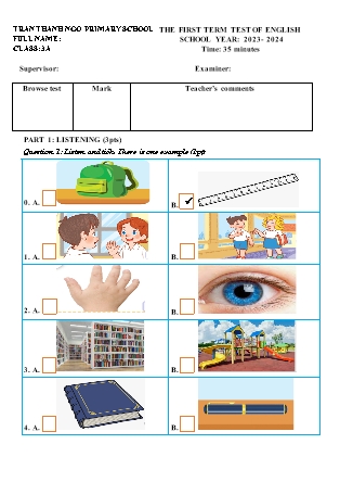 Đề kiểm tra học kì I Tiếng Anh 3 - Năm học 2023-2024 - Trường Tiểu học Trần Thành Ngọ