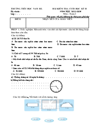 Đề kiểm tra Khối 3 cuối học kì II - Năm học 2023-2024 - Trường Tiểu học Nam Hà (Có đáp án)