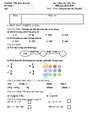 Đề kiểm tra Lớp 3 cuối học kì I - Năm học 2023-2024 - Trường Tiểu học Nam Hà (Có đáp án)