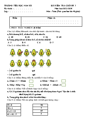 Đề kiểm tra Lớp 3 - Học kì I - Năm học 2023-2024 - Trường Tiểu học Nam Hà (Có đáp án)