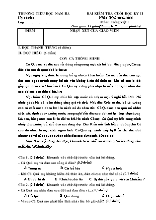 Đề kiểm tra Lớp 3 - Học kì II - Năm học 2023-2024 - Trường Tiểu học Nam Hà (Có đáp án)