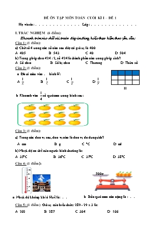 Đề ôn tập cuối học kì I Toán 3 - Đề 1
