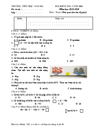 Đề thi Lớp 3 cuối học kì I - Năm học 2023-2024 - Trường Tiểu học Nam Hà (Có đáp án)