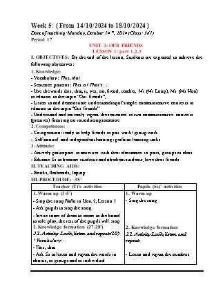 Giáo án Tiếng Anh 3 (Global Success) - Period 17, Unit 3: Our friends (Lesson 1) - Năm học 2024-2025