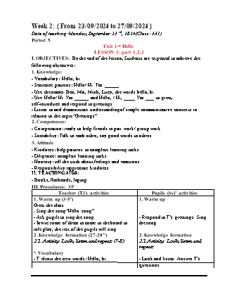 Giáo án Tiếng Anh 3 (Global Success) - Period 5, Unit 1: Hello (Lesson 1) - Năm học 2024-2025