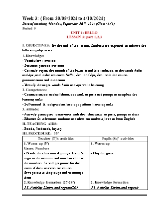 Giáo án Tiếng Anh 3 (Global Success) - Period 9, Unit 1: Hello (Lesson 3) - Năm học 2024-2025