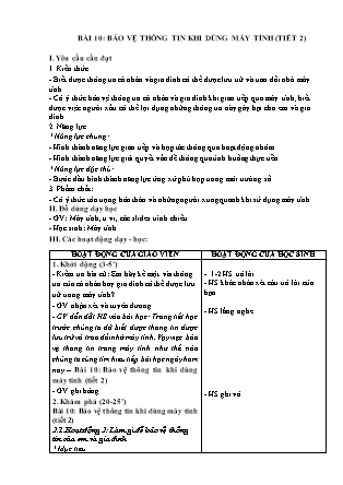 Giáo án Tin học 3 (Kết nối tri thức) - Bài 10: Bảo vệ thông tin khi dùng máy tính (Tiết 2)