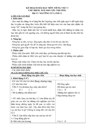 Kế hoạch bài dạy Tiếng Việt 3 (Kết nối tri thức) - Chủ điểm: Mái nhà yêu thương - Bài 17: Ngưỡng cửa (Tiết 1)